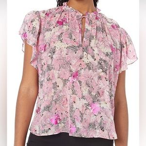 THE KOOPLES Size 2 Pink Paisley Flowers Short Sleeve Tie Neck Summer Top. US M